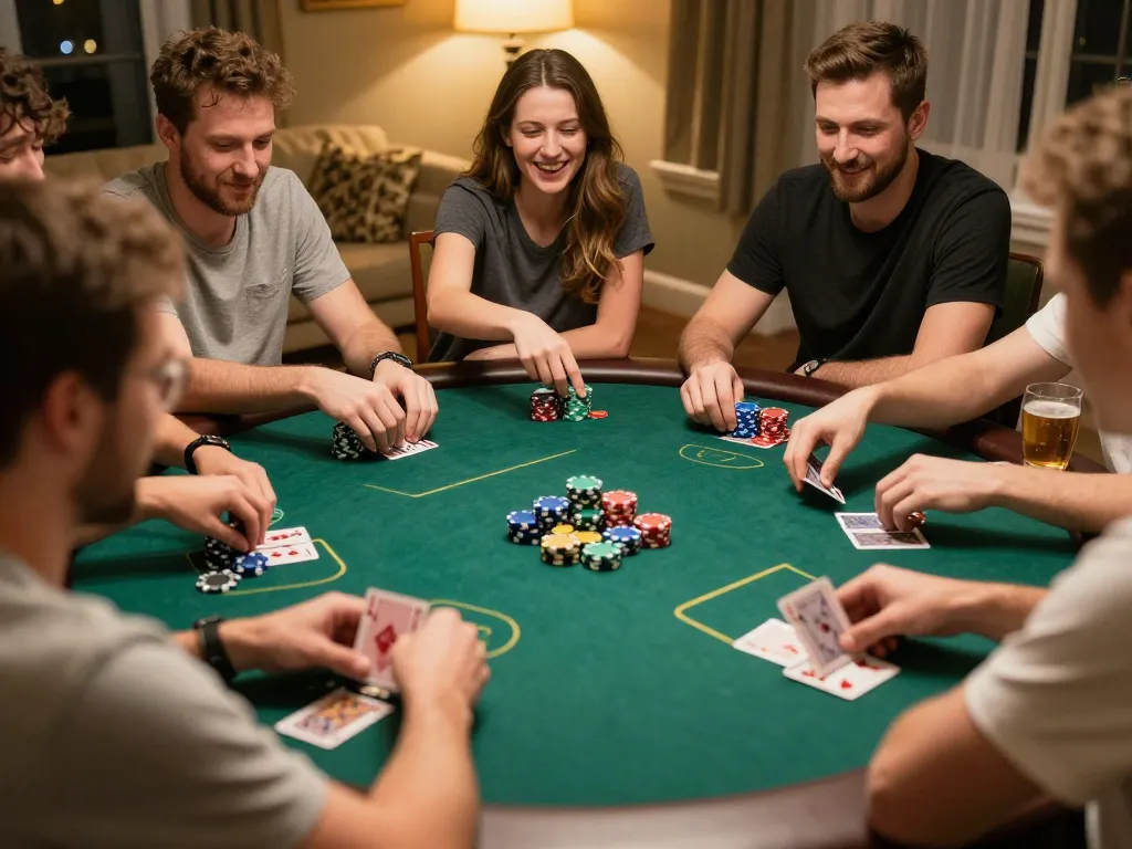 Players engaged in strategic Texas Hold'em poker game at home with a focus on 88i chip stacks and cards.