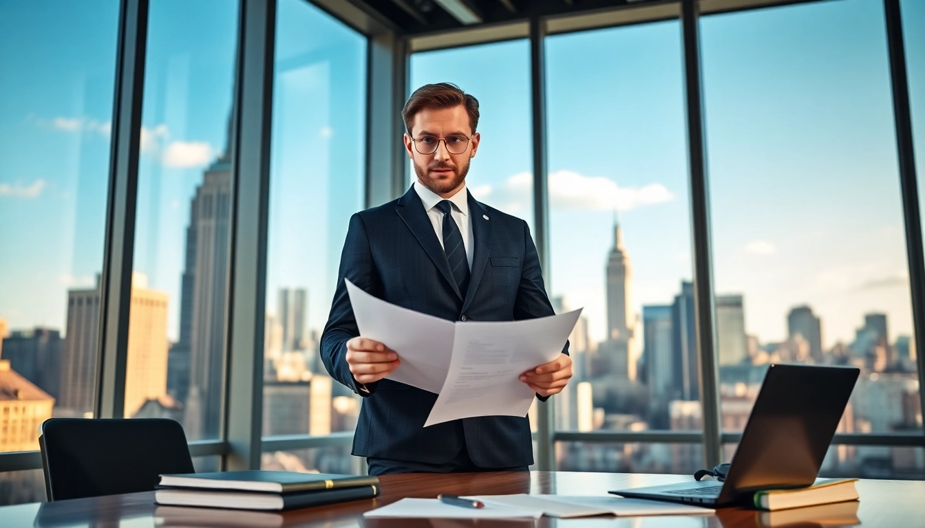 New York City injury lawyer reviewing legal documents in a modern office setting