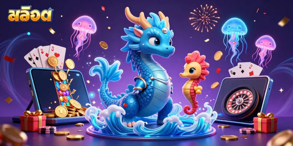 Spin the reels of สล็อต in this vibrant 3D casino scene featuring dynamic characters and colorful game elements.