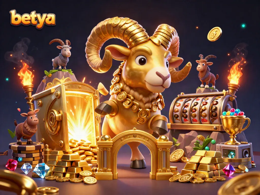 Betya showcases a golden ram charging through a treasure vault with vibrant gems and slots.