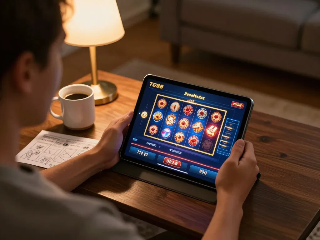 Player enjoying a dynamic betting experience on TG88 casino app at home, engaging with interactive slots.