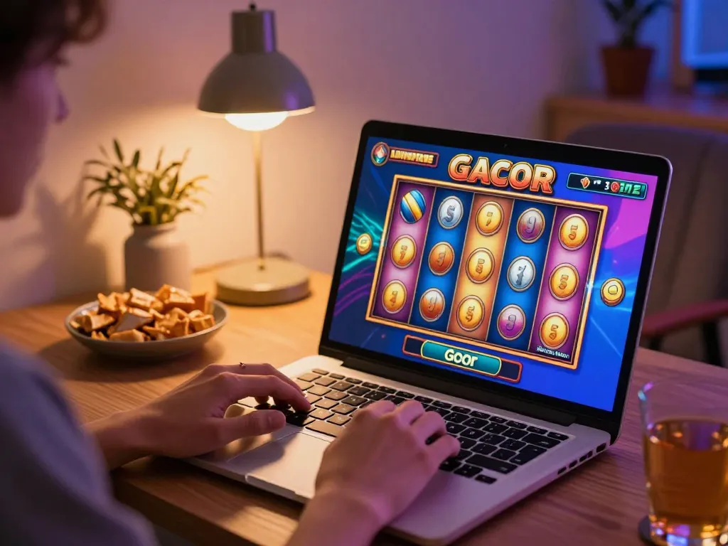 Engaging gameplay of slot gacor on a laptop highlighting colorful reels and user interaction