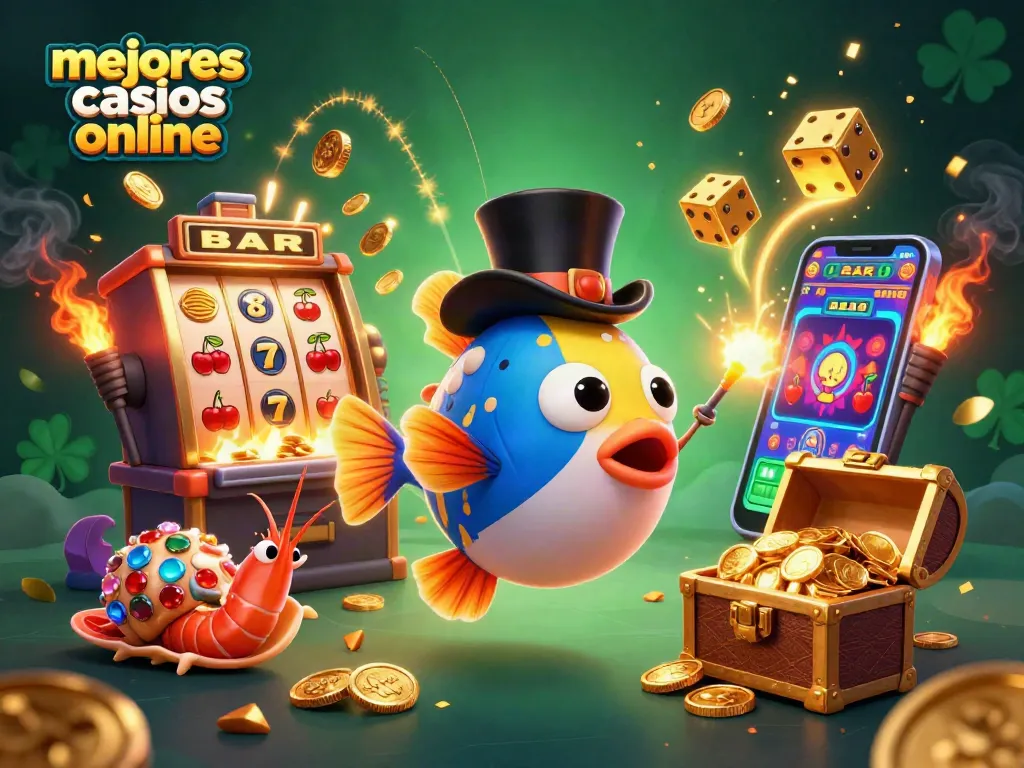 Explora los mejores casinos online, con un pez luciérnaga 3D atrayendo monedas doradas en un mundo vibrante.