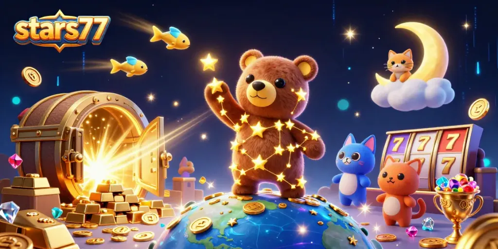 Bermain slot yang menguntungkan di stars77 dengan ilustrasi berkilau dari tikus constellation dan harta karun yang melimpah.