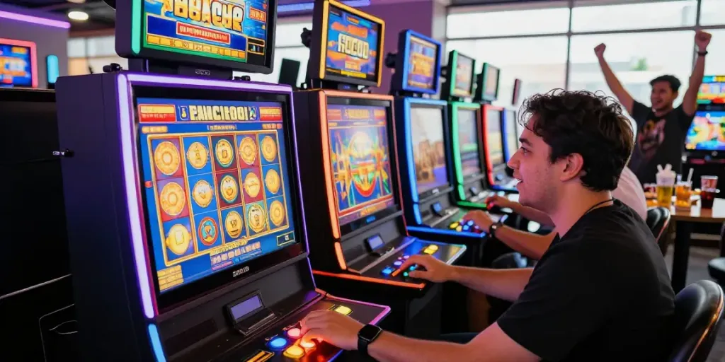 Player enjoying the thrill of slot gacor gaming in a vibrant lounge atmosphere.
