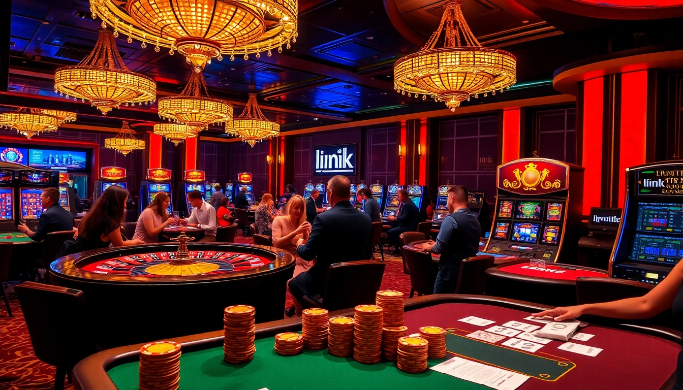Engaging casino experience with 'link thabet', players at the roulette wheel and poker tables.