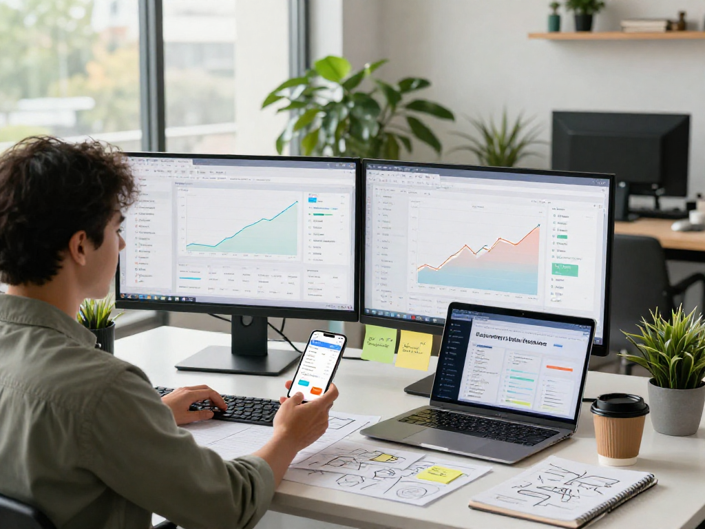 Buy app installs visualizing app marketing workspace with analytics and strategies for growth.