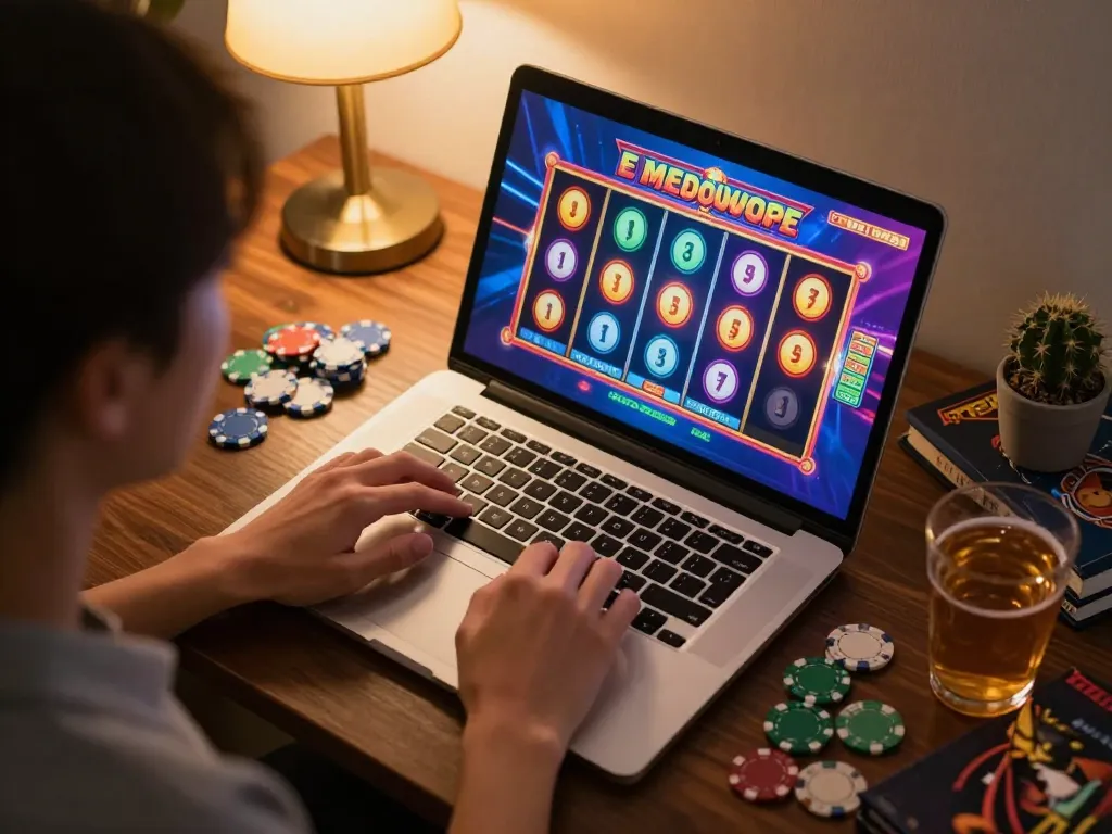 Engage in thrilling gameplay with link slot777 on a laptop, showcasing vibrant slot game graphics and a cozy home environment.