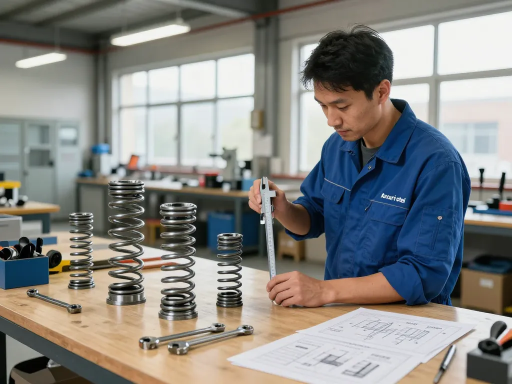 Inginer inspectând diferite tipuri de arcuri oțel într-un atelier industrial luminos.