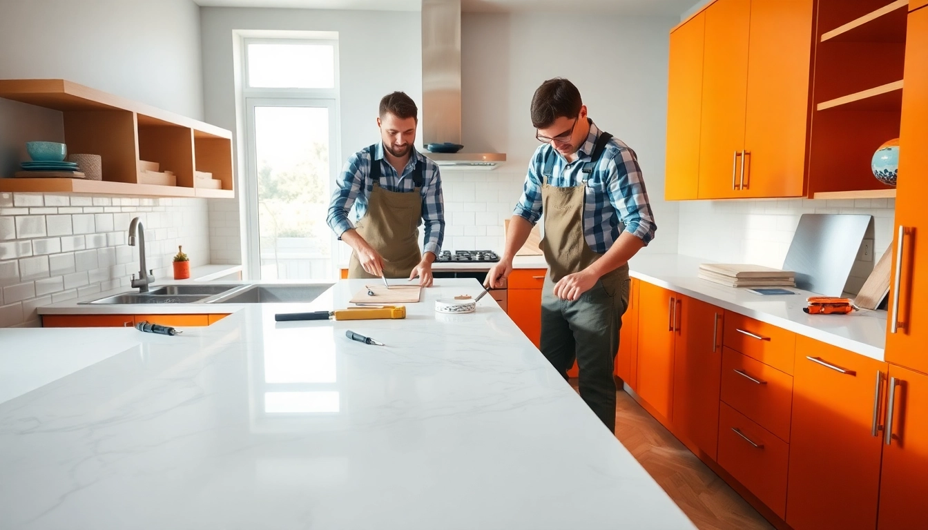 Transforming the kitchen with a stylish kitchen worktops replacement installation in progress.