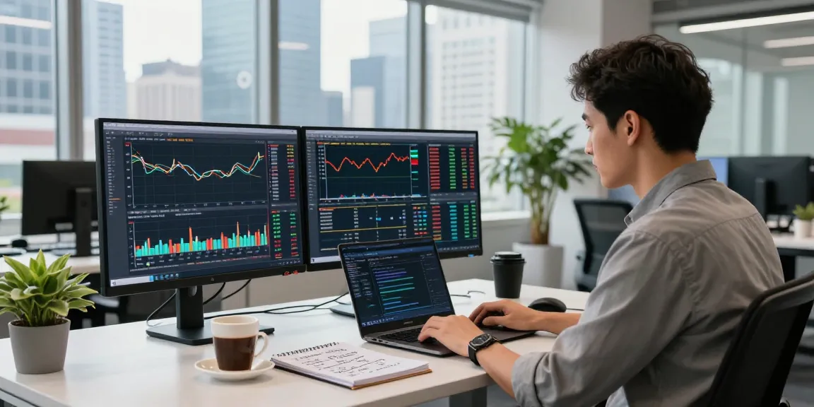 Modern trading desk with mt5 analysis tools and city view, showcasing a professional trader at work.