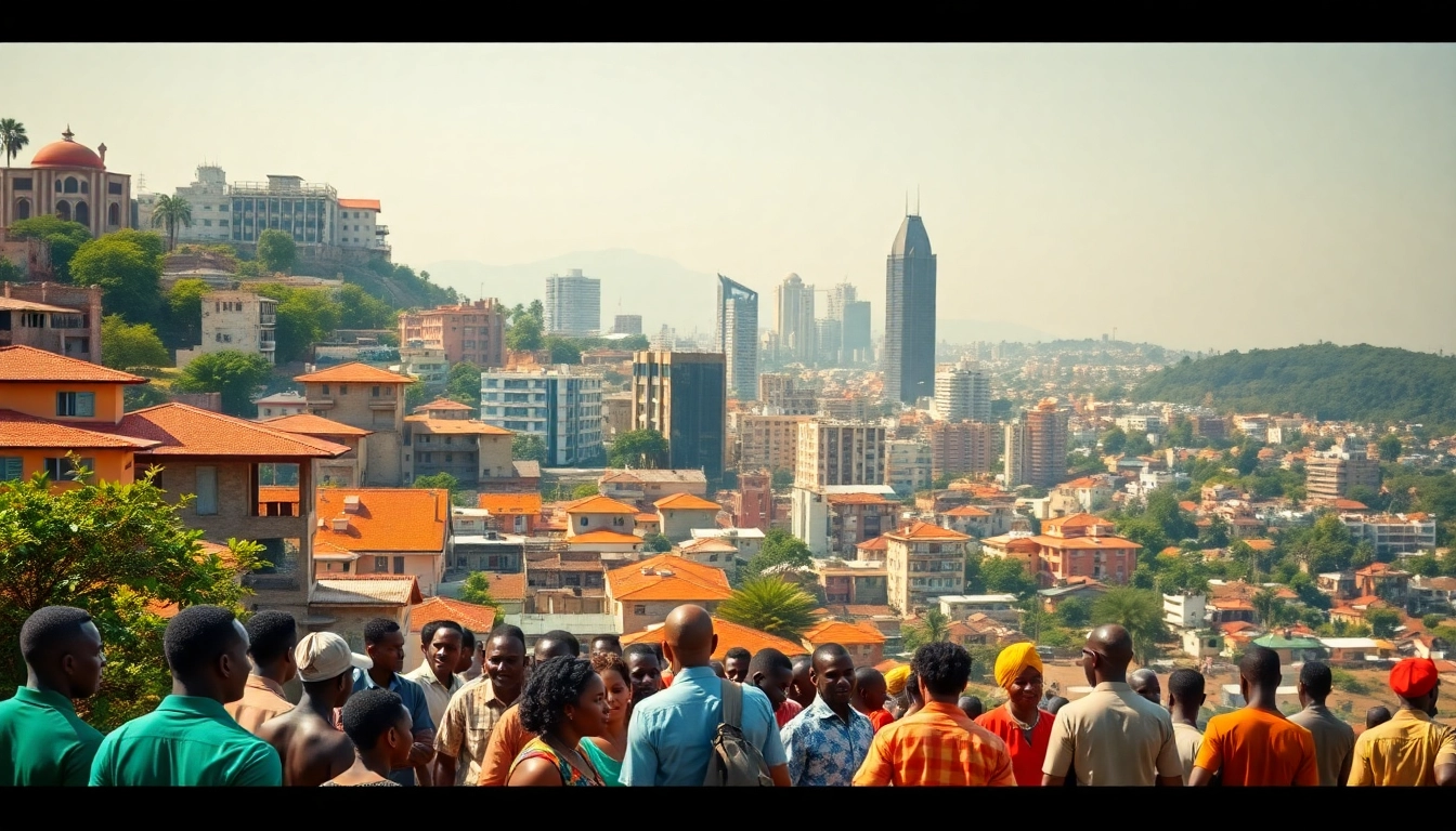 People engaging in discussions about Kenya News in a vibrant city setting.