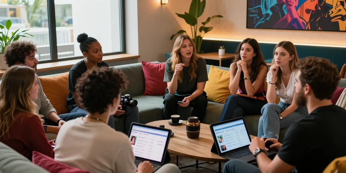 Engaging group discussion among diverse actors about سكس زنوج and adult film categories, captured in a modern lounge.