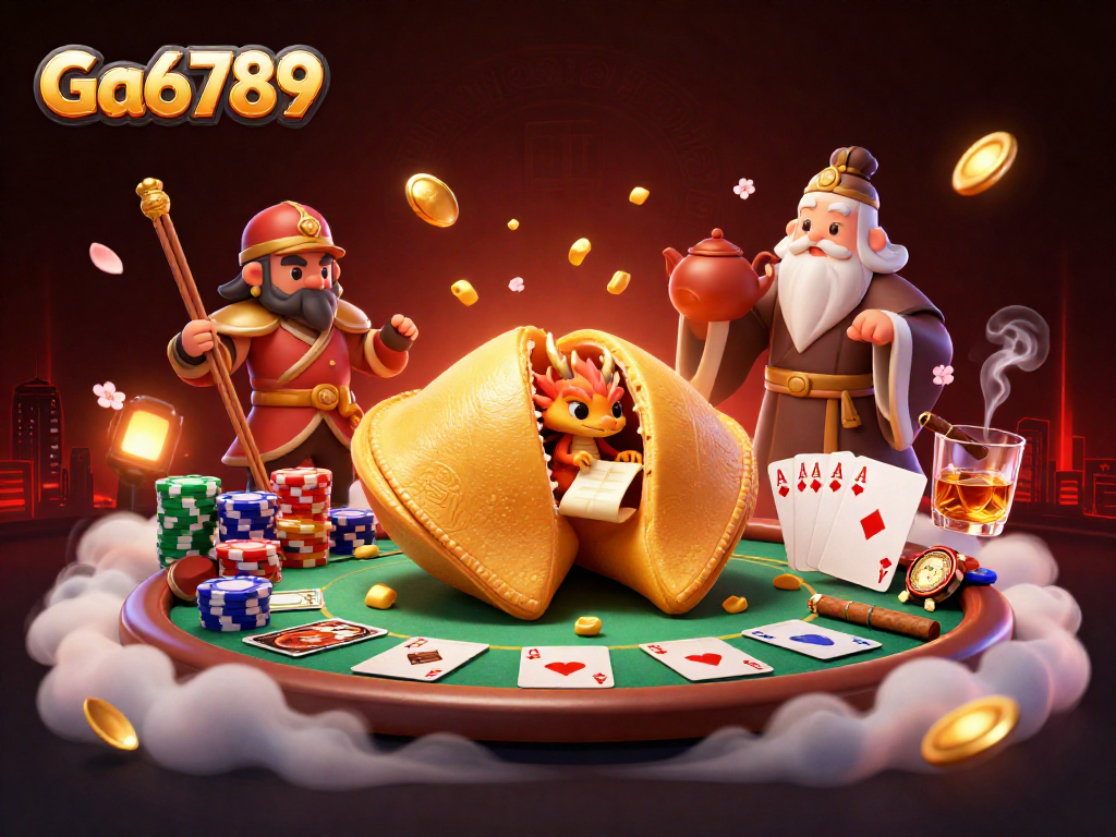 Engage in thrilling poker action with Ga6789's vibrant casino scene featuring a giant golden fortune cookie.