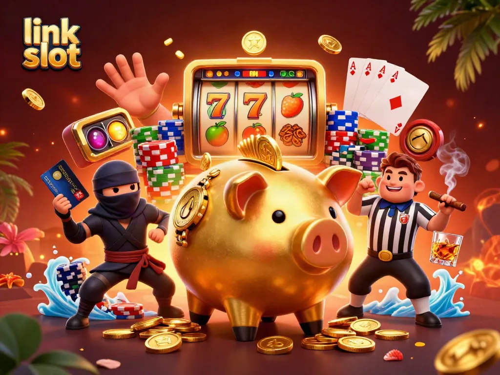 Experience the thrill of link slot gaming with a dynamic scene featuring colorful slot reels and characters.