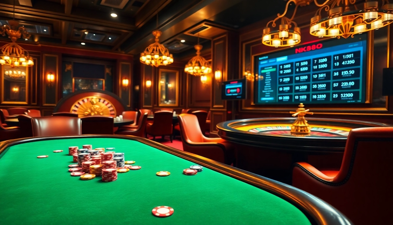 NK88 players enjoying a vibrant casino atmosphere with poker chips, cards, and roulette wheels.