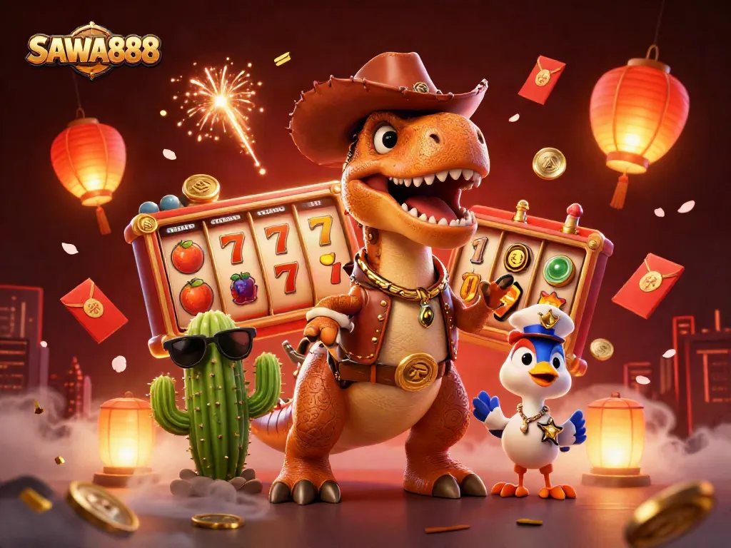 SAWA888 entertains players with a lively jackpot experience featuring cartoon characters and vibrant casino elements.