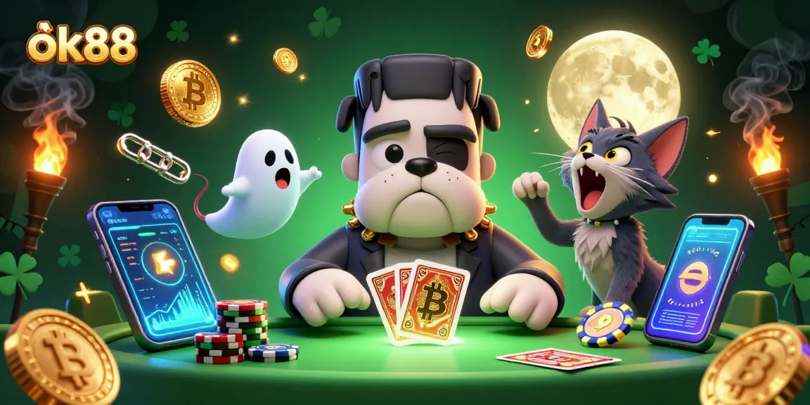 Experience vibrant gaming action with ok88, featuring a cartoon bulldog dealer and eerie casino elements.