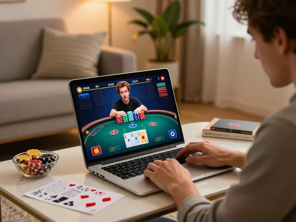 S666 player strategizing during an online poker session at home, showcasing immersive gameplay.