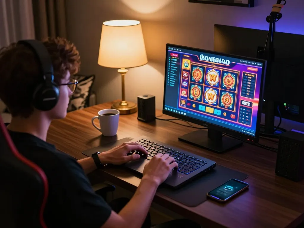 Seseorang menikmati pengalaman bermain aneka4d di laptop dalam pengaturan rumah yang nyaman