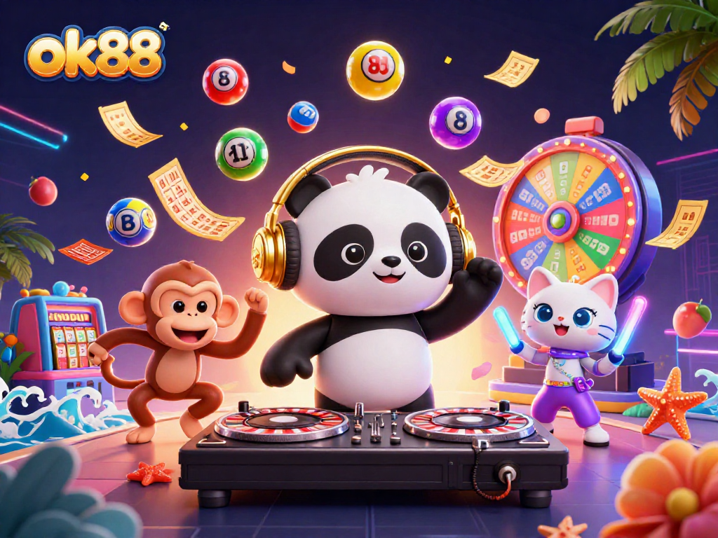 Experience the thrill of ok88 with vibrant lottery balls and playful characters in a lively casino scene.