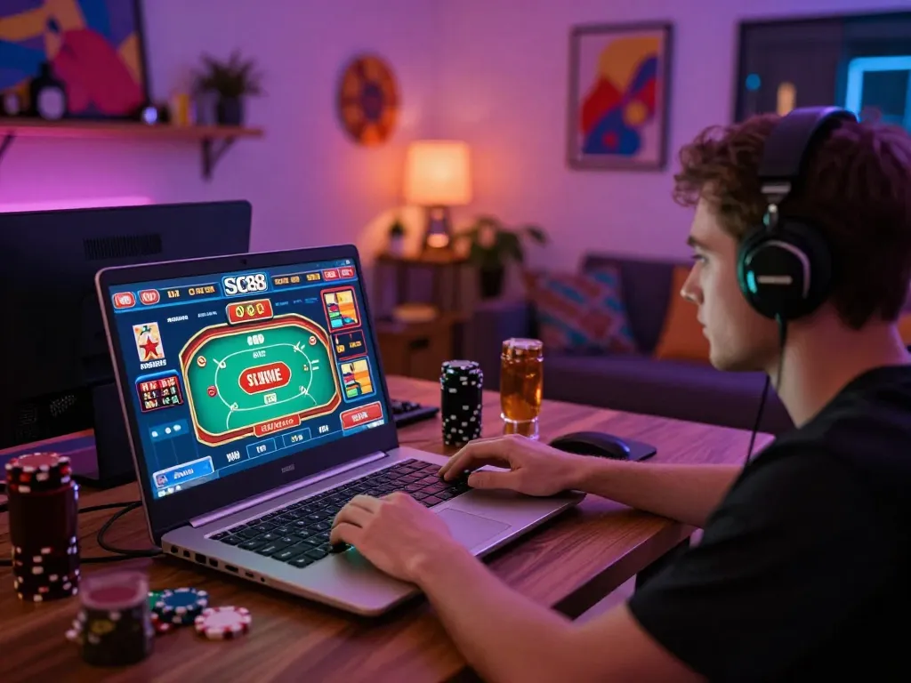 Player enjoying SC88 casino games on a laptop, highlighting the interactive online gambling experience.