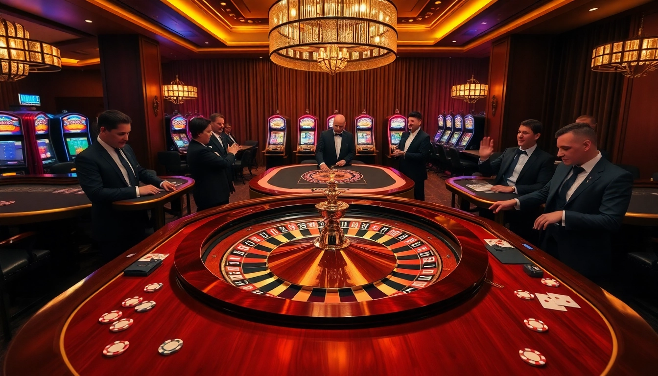 Players enjoying a vibrant roulette game with LUCK8 branding in a luxurious casino setting.