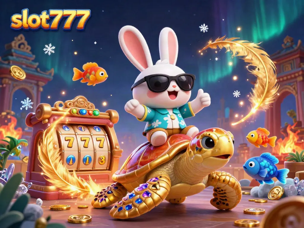 Nikmati keseruan bermain slot777 dengan kelinci beruntung dan kura-kura emas dalam ilustrasi 3D yang menakjubkan.