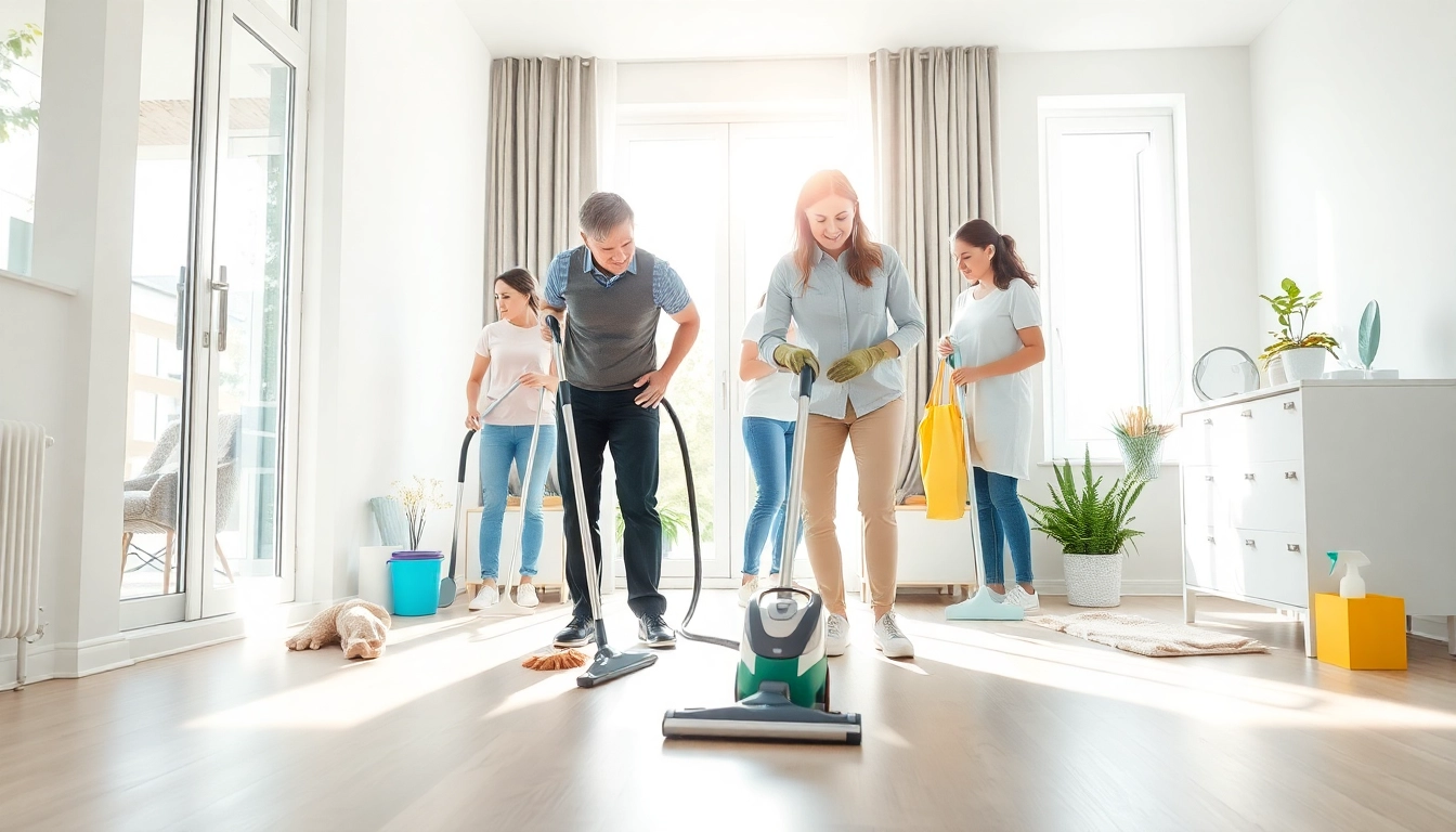 Showcase a team providing a Cleaning Service in a bright home environment, emphasizing organization and professionalism.