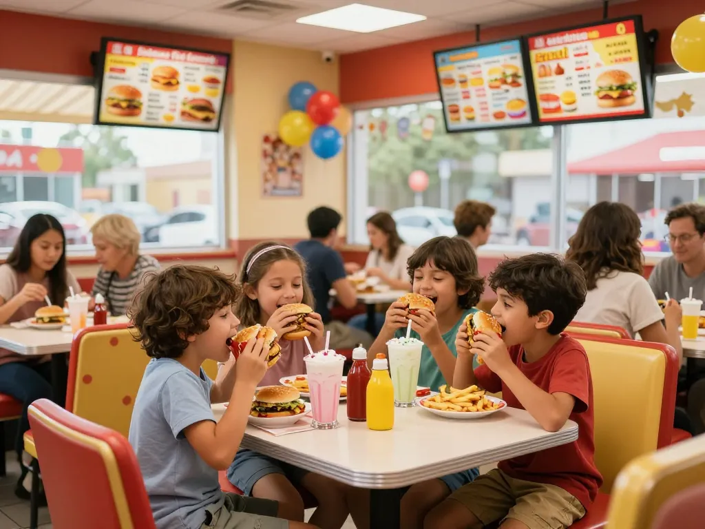 Exciting fast food prices displayed in a busy restaurant with families enjoying meals.