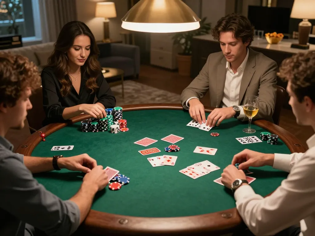 Players enjoy a lively poker game at home with 40WIN, showcasing strategy and friendly competition.
