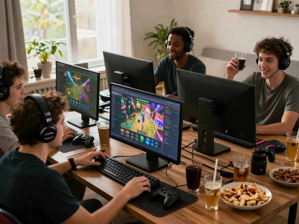 Group of friends enjoying ORION88 online gaming platform together.