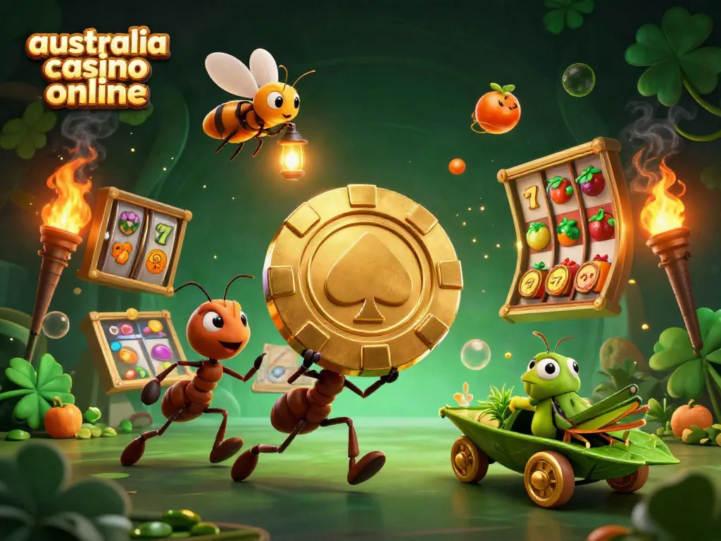 Cartoon ants carrying a giant poker chip in an underground casino heist scene, representing australia casino online.