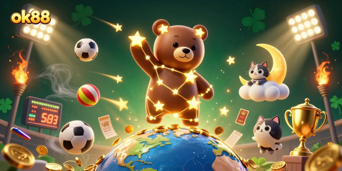 Engaging illustration of ok88 with a constellation bear, sports elements, and vibrant casino atmosphere.