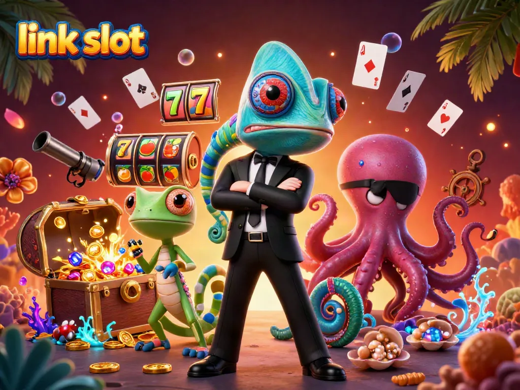 Menggulung slot gacor dengan karakter kartun 3D, peti harta karun, dan simbol Jackpot di latar belakang yang energik.