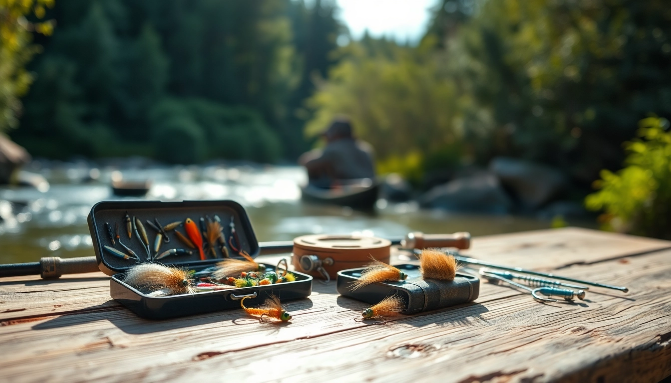 Showcase of fly fishing accessories with vibrant lures and gear at a riverbank.