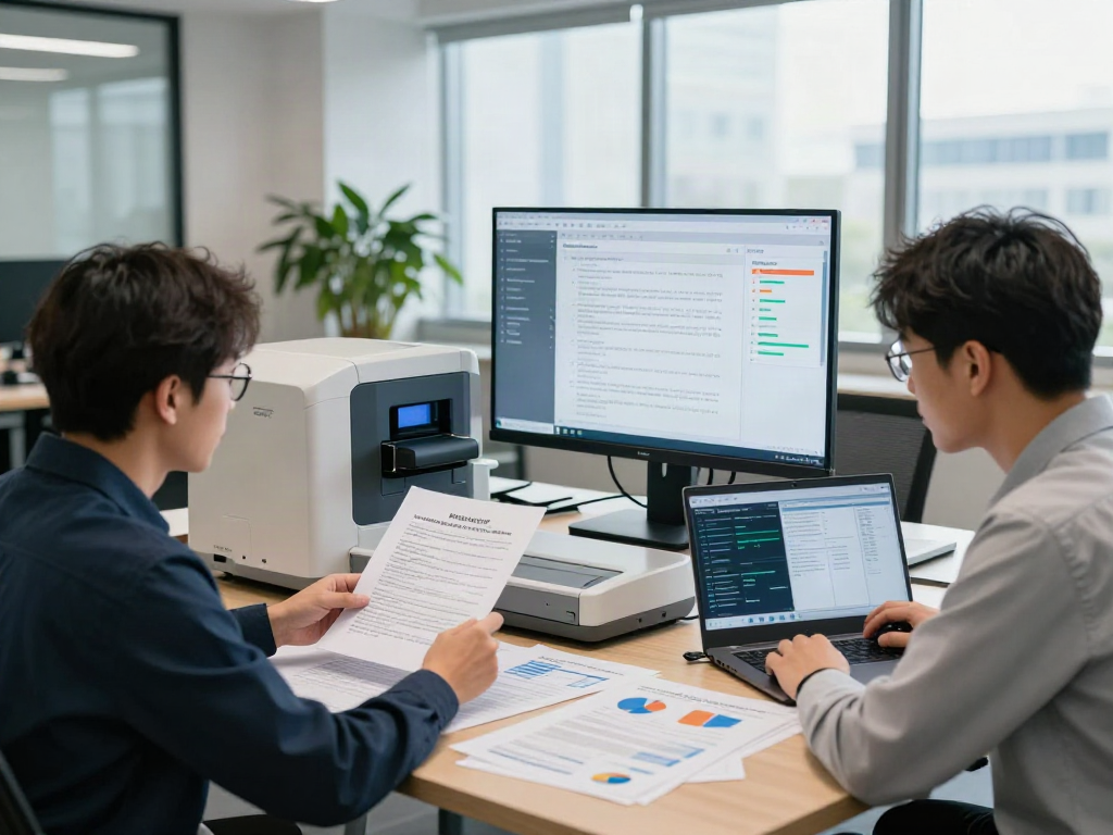 Team analyzing document fraud detection solution using advanced technology in a modern office setting.