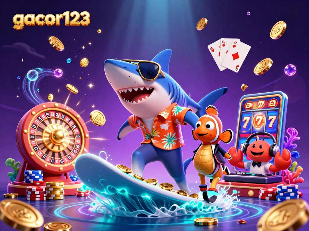 Experience the excitement of gacor123 with a lively underwater casino scene featuring engaging characters and vibrant game elements.