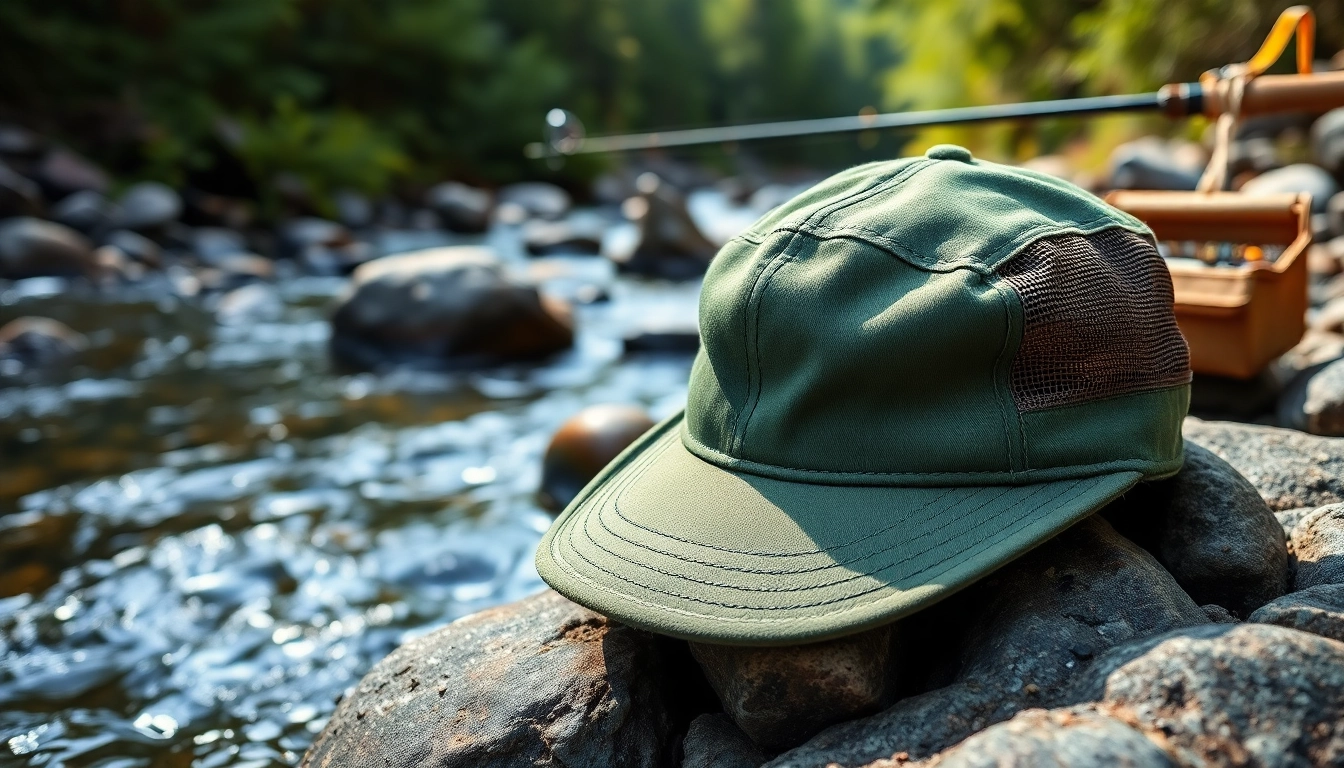 Fly fishing hat placed on a riverbank, surrounded by nature, showcasing outdoor gear.