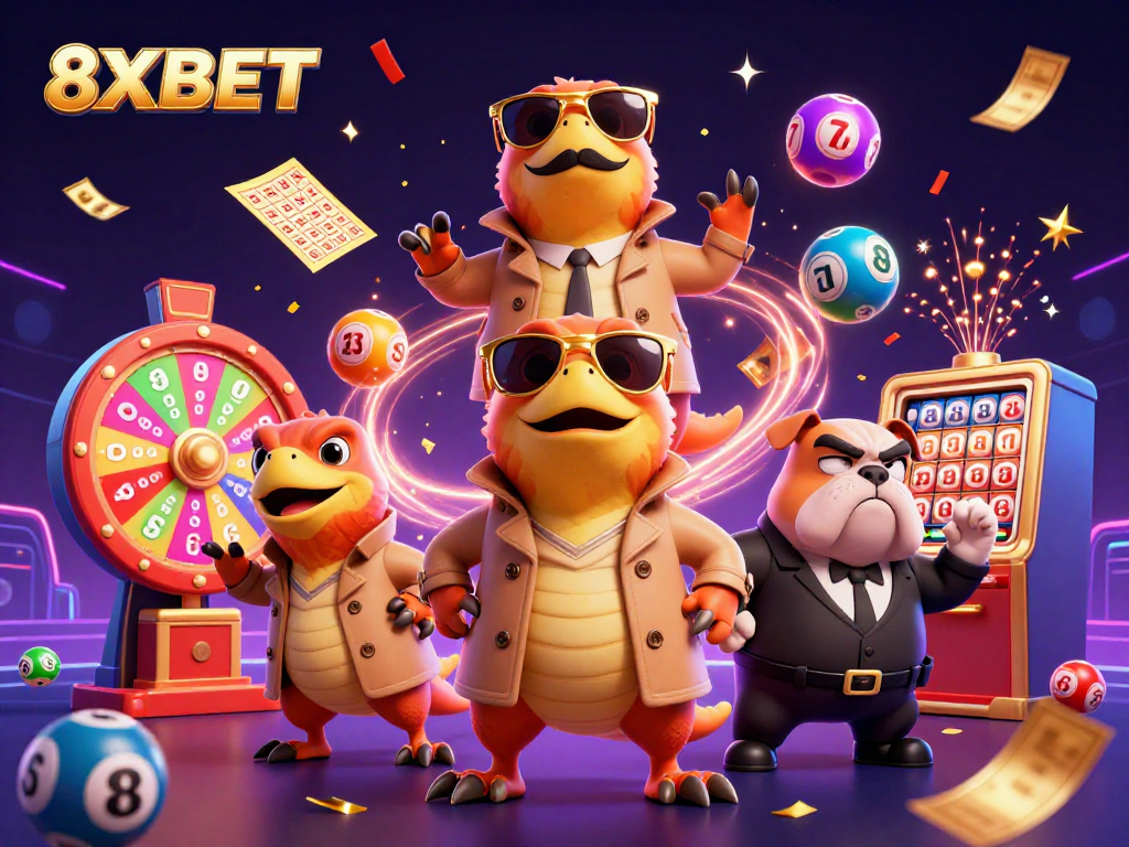 Experience the thrill at 8XBET with animated raptors entering a VIP casino, surrounded by exciting lottery elements.