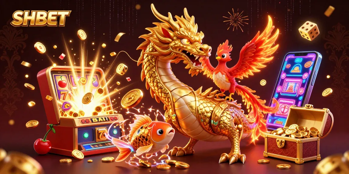 Experience SHBET's vibrant casino scene with a golden dragon, phoenix, and koi fish amidst a jackpot explosion.