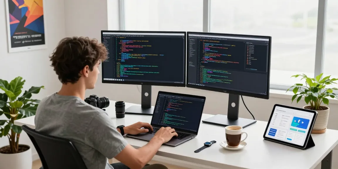 Desarrollador de software trabajando en su computadora con código de etb pse visible en la pantalla en un ambiente moderno y luminoso.