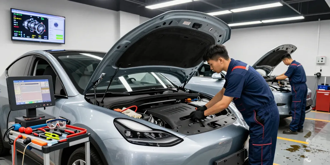 Mechanic working on electric vehicle diagnostics at automotive shop, showcasing the innovation of bro138 technologies.