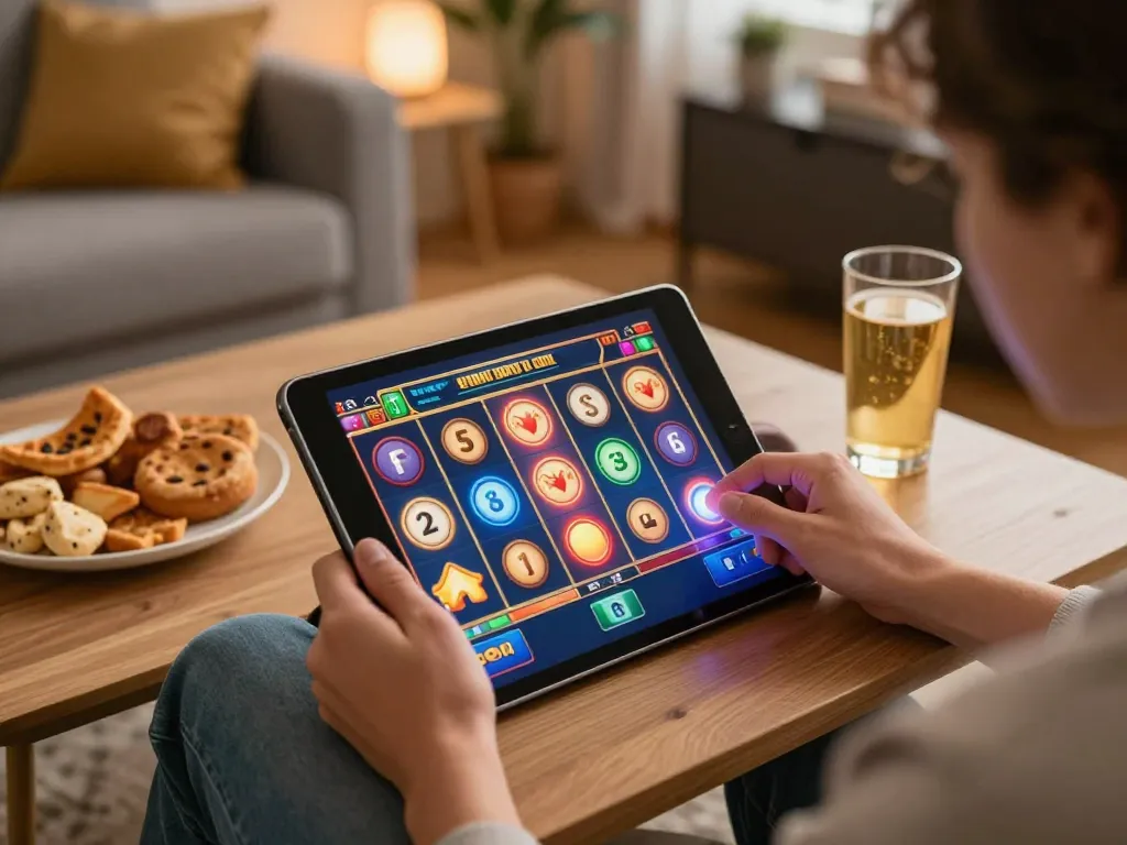 Enjoying a thrilling slot game on 888top tablet in a cozy home setting