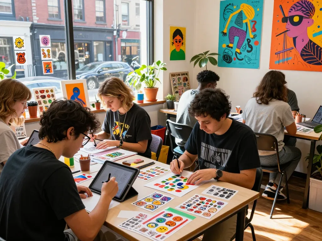 Artists collaborating on custom stickers in a vibrant urban workspace with creative designs, bright light, and art supplies.