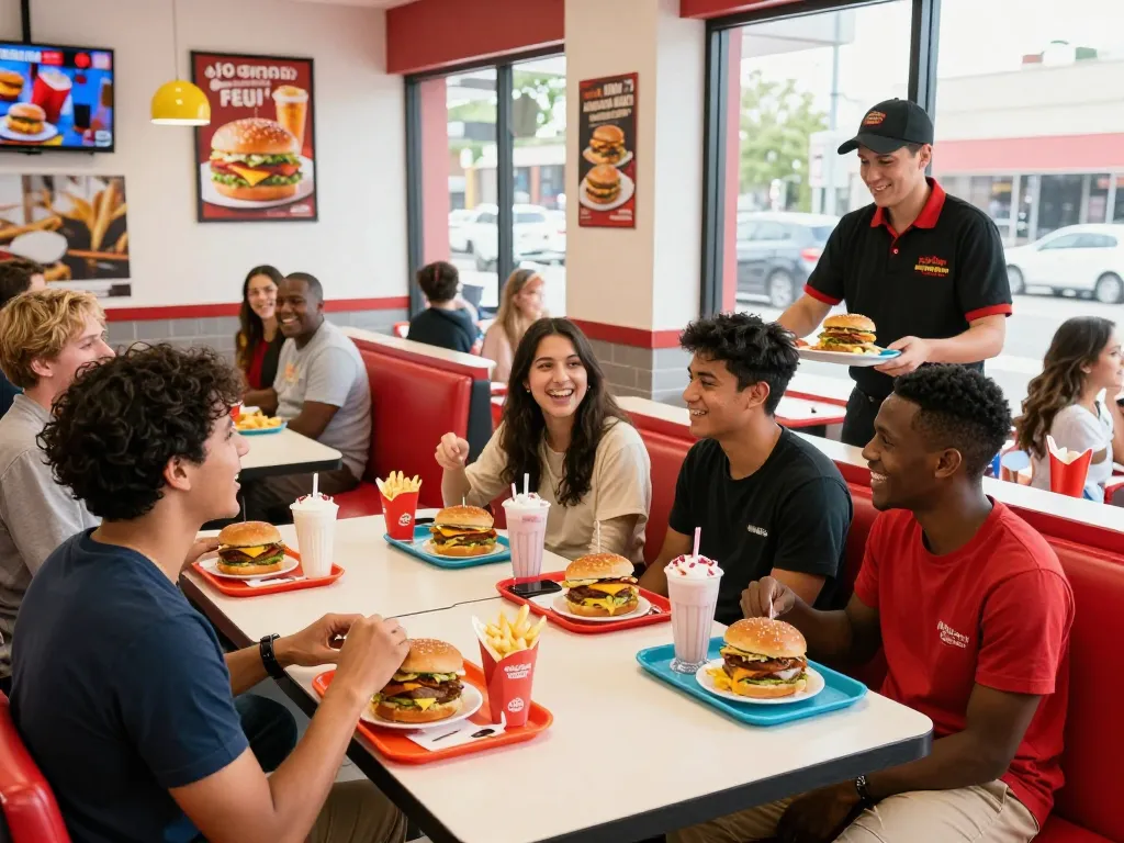 Delicious fast food menu items being enjoyed by friends in a vibrant restaurant setting