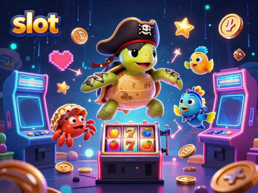 Engage in thrilling slot action with a pirate turtle, hermit crab, and vibrant machines.