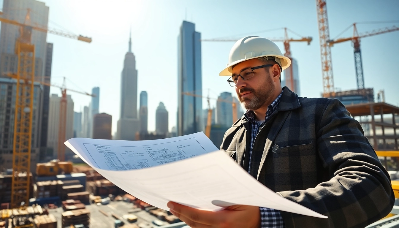 New York City Construction Manager analyzing construction plans at an active site.