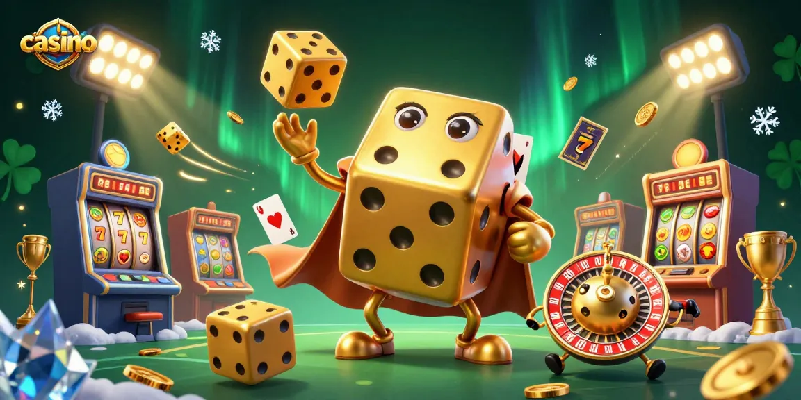 Engage in casino excitement with a golden dice golem and slot machines in an energetic scene.