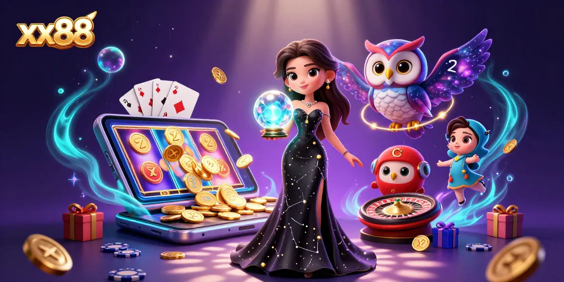 Engage in thrilling gaming at xx88 with a stunning scene of slot games and mystical characters.